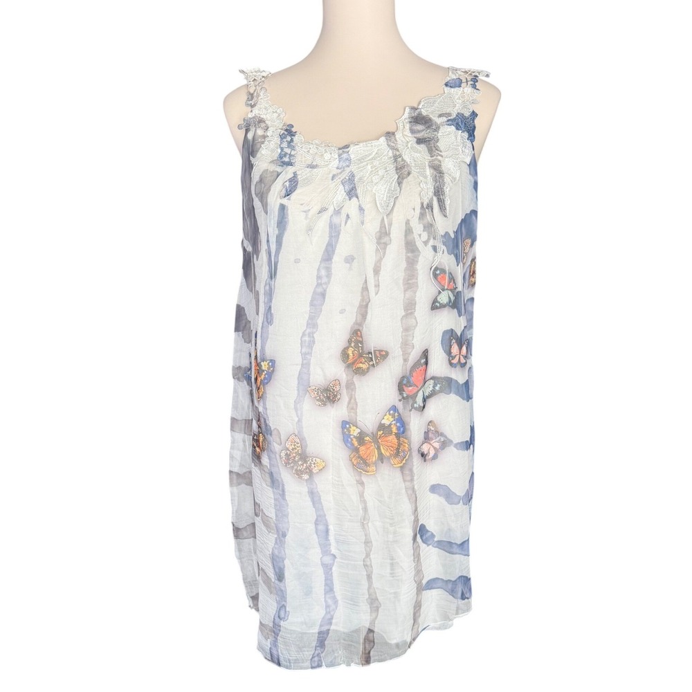 Belle France Bohemian Butterfly Print Lace Neckline Sleeveless Tunic Top‎ Size M